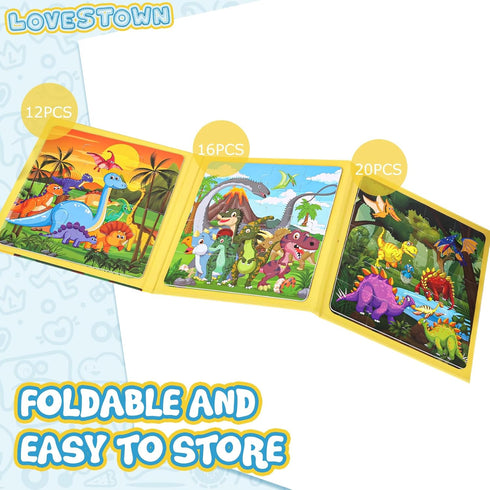 LovesTown Magnetic Travel Puzzles Book, Dinosaur Wooden Magnetic Puzzles for Toddlers Learning Magnetic Puzzles for Road Trip...