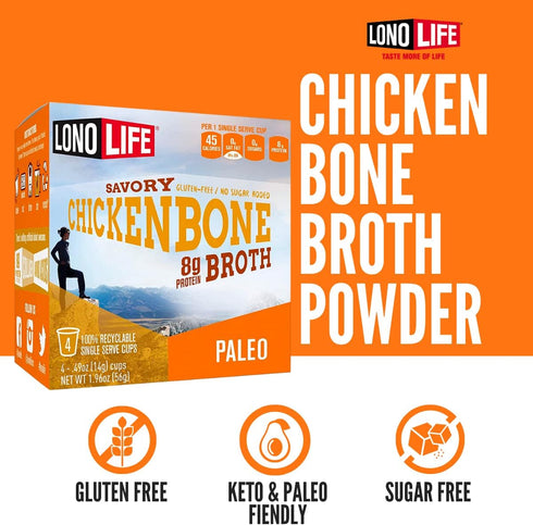 LonoLife Chicken Bone Broth Powder Mix | 10g Protein | Collagen-Rich, Keto & Paleo Friendly | Natural Ingredients | 10 Single-Serve Cups...