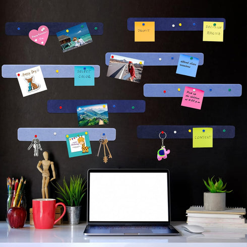 8 Pack Felt Pin Board Bar Strips, 15inch Bulletin Board Bar Strips Self-Adhesive Cork Board for Wall Office Decor with 35 Push Pins(Blue)...