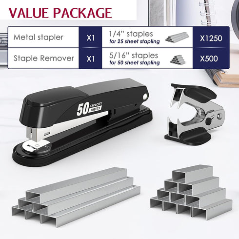 Metal Stapler Heavy Duty 50 Sheet Capacity with 1750 Staples and Staple Remover, Full Strip Staplers for Desk, No Jam, Non-slip Office Stapler wit...