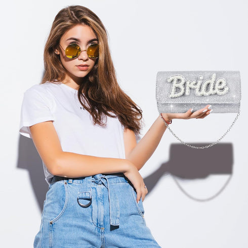 clothmile Bride Purse, Bride Clutch Bag, Diamond Glitter Prom Purse, Women Handbag, Pearl Bag for Bridal Wedding Party Gift...