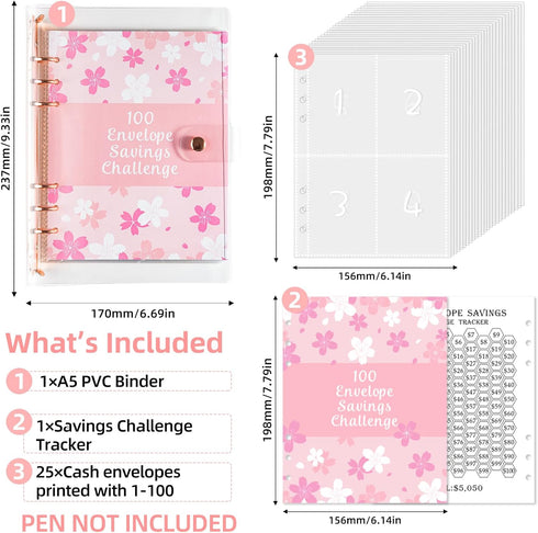 100 Envelopes Money Saving Challenge Binder A5 Money Saving Binder with Cash Envelopes Helping You Complete the Challenge to Save $5,050 in 100 Da...