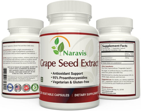 Grape Seed Extract 400mg - 120 Vegetarian Capsules with 95% Proanthocyanidins - Natural Non-GMO Antioxidant Supplement - Grapeseed Extract Capsule...