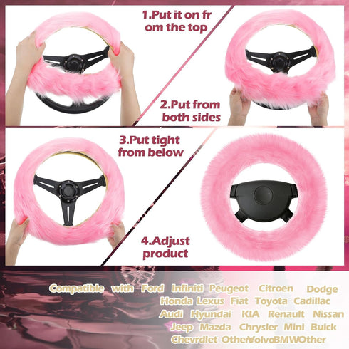Frienda 6 Pieces Fluffy Car Accessories Set Fluffy Steering Wheel Cover Soft Fuzz Handbrake Cover Gear Shift Cover Bling Car Mirror Fuzz Car Decor...