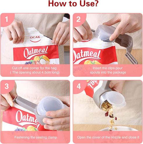 4pcs Food Bag Clips with Pour Spouts, Great Clips Bags for Kitchen, Suitable for Small Particle Food, Liquid,Flour and Baby Food Storage Organizer...