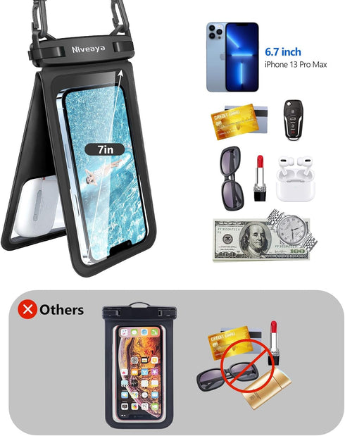 Niveaya Double Space Waterproof Phone Pouch - 2 Pack, Waterproof Phone Lanyard Case with iPhone 15/14/13/12 Pro Max/Pro/8 Plus, Galaxy S22/S21/S20...