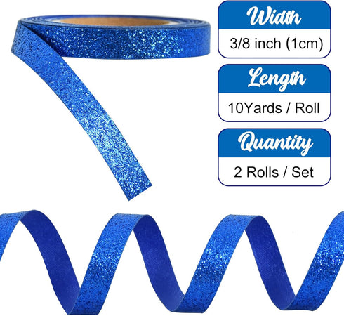 TONIFUL 2 Rolls 3/8 Inch Pearlescent Glitter Ribbon Blue, Sparkling Metallic Ribbon Roll for Christmas Halloween Valentine's Decor, DIY Crafts Wra...