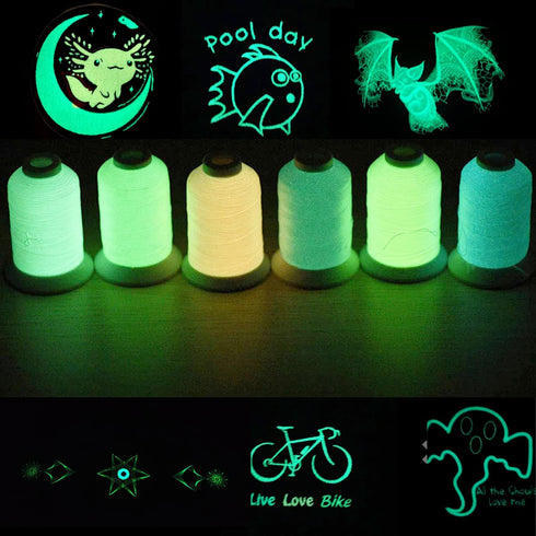 Simthread Glow-in-The-Dark Embroidery Machine Thread, 6 Colors, 1000 Yards, 30WT, 100% Polyester with Long-Lasting Glow - Perfect for Music Festiv...