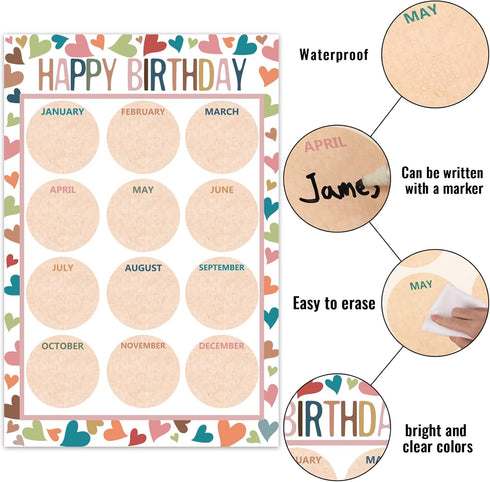 Happy Birthday Chart for Classroom, 2Pcs Boho Birthday Poster Decoration 17’’ x 12’’ Boho Birthday Cake Calendar Cutouts for School Bulletin Board...