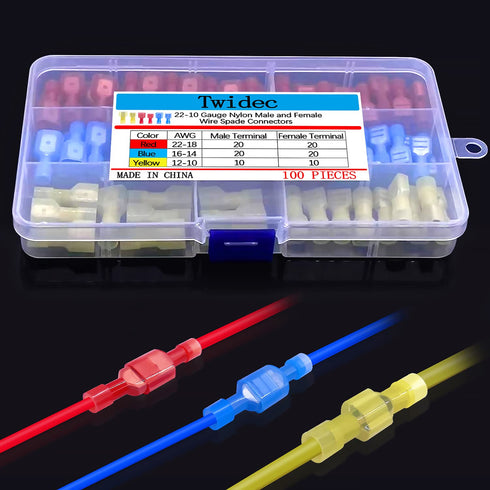 Twidec/100PCS Nylon Spade Connectors Kit 22-10 Gauge Male and Female Wire Spade Terminal Quick Disconnect Fully Insulated Wire Crimp Connector for...