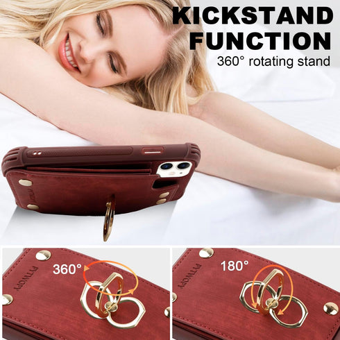iPhone 11 Wallet Case with Credit Card Holder,Leather Shockproof Protective Phone Cover Supports 360°Rotation Ring Stand and RFID Blocking for App...