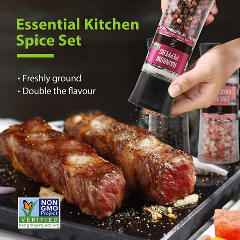 Soeos Spice Seasoning Set of 4, 9.8oz(277.82g), With Integrated Grinders, Salt and Pepper Grinder Set, Pure and Fresh Perfect for BBQ Seasoning Gi...