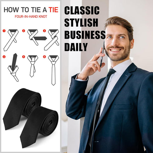 Lounsweer 2 Pack Black Necktie Mens Slim Ties 1.58" Solid Color Skinny Necktie 4 cm Men's Black Tie Regular Tie for Formal and Casual Occasions...