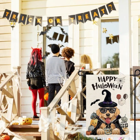 Golden Retriever Happy Halloween Garden Flags for Outside, Halloween Witch Hat Dog Garden Flag, Burlap Holiday Dog Welcome Yard Flag 12x18 Inch Do...