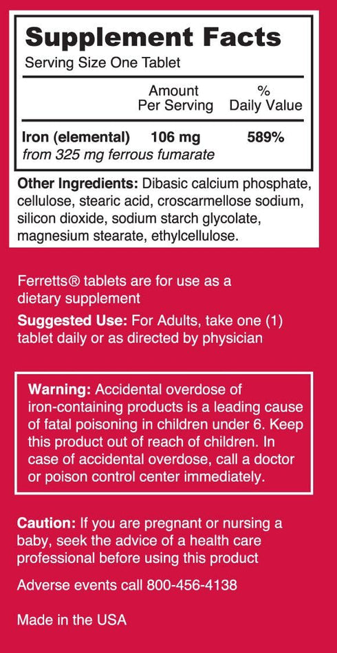 Ferretts Iron Supplement, High Potency 106 mg Elemental Iron - 60 tablets...