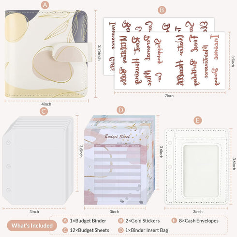 A8 Money Saving Binder, Aesthetic Mini Budget Binder Wallet with 12 Budget Sheets & 8 Cash Envelopes, PU Savings Binder with 2 Gold Stickers for B...