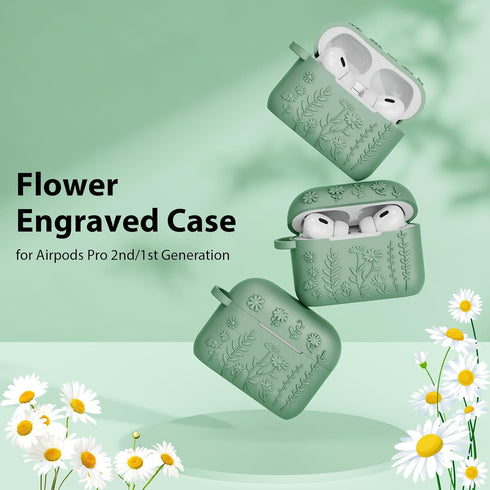 AirPods Pro 2 Case Cover, KOREDA Cute Flower Engraved Design Case for Airpods Pro 2nd Generation/1st Generation, Soft Silicone Full Protective Cov...