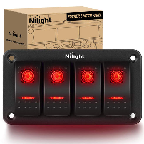 Nilight 4 Gang Rocker Switch Panel 5Pin On Off Toggle Aluminum Holder 12V 24V Dash Pre-Wired Red Backlit Switches for Automotive Cars Marine Boats...