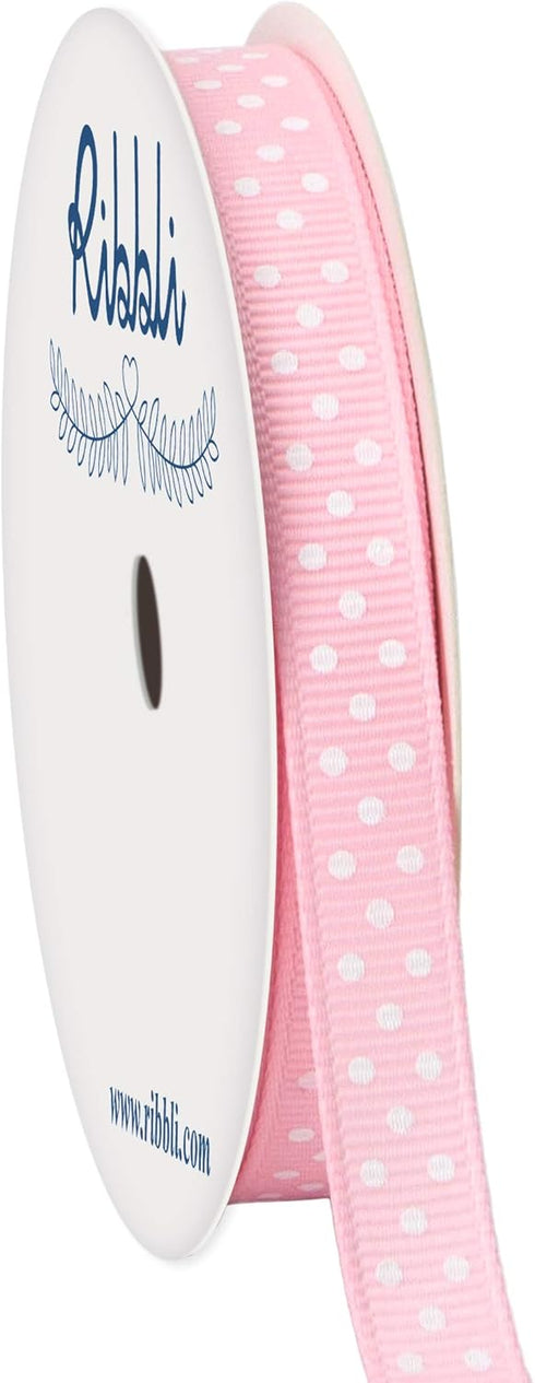 Ribbli Grosgrain Polka Dot Craft Ribbon,3/8 Inch,10-Yard Spool,Pearl Pink with White Dots,Use for Gift Wrapping,Party Decoration,All Crafting and ...