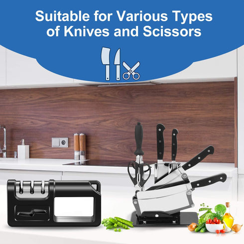 Kitchen Knife Sharpener and Scissor Sharpeners, 4-in-1 Hunting Outdoor Knife Sharpener, Safely Sharpen Knives with Diamond, Ceramic,Tungsten for K...