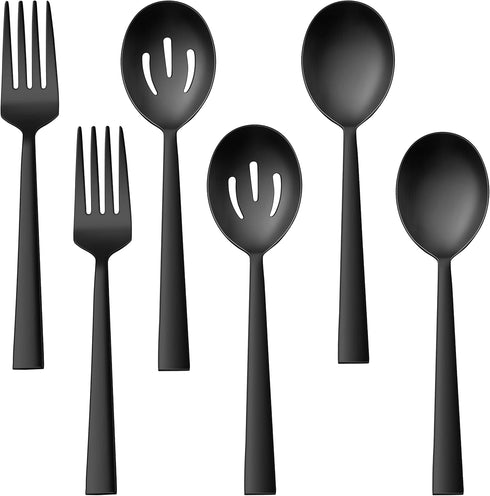 E-far Matte Black Serving Utensils Set of 6, Stainless Steel 8.7 Inch Hostess Serving Set with Square Edge, Metal Serving Slotted Spoons Forks for...