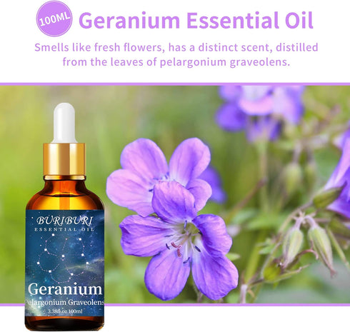 BURIBURI 100ML Geranium Essential Oil, 100% Pure Undiluted Aromatherapy Geranium Oil 3.38fl.oz for Soap, Candle Making, Massage, Diffuser, Humidif...
