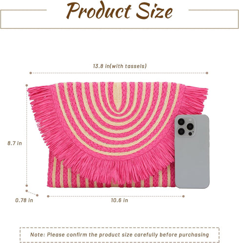 Women Fringe Straw Clutch Purses Envelope Summer Beach Bags Woven Clutch Handbags...