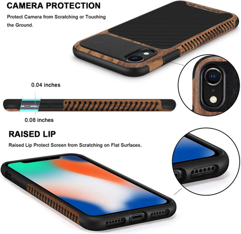 TENDLIN Compatible with iPhone XR Case Wood Grain with Carbon Fiber Texture Design Leather Hybrid Slim Case Compatible with iPhone XR (Carbon & Le...