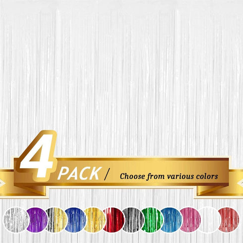BTSD-home 4 Pack 3x 8ft White Foil Fringe Curtain Backdrop Party Streamers Decorations Metallic Photo Booth Tinsel Theme Bachelorette Graduation W...