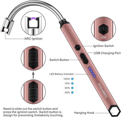 iinboBBQ Lighter Electric Lighter Rechargeable USB Candle Lighter with LED Battery Display Arc Lighter with Flexible Neck Flameless Long Lighters ...
