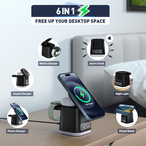 Alarm Clock + 3 in 1 Charging Station + Night Light, iphone iwatch airpod wireless charging dock, magsafe phone watch charger stand, travel charge...