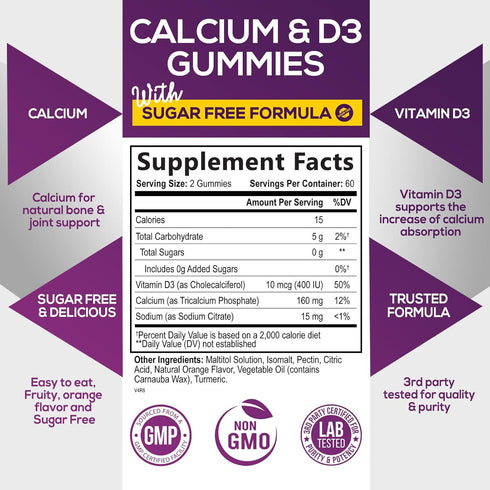 Sugar Free Calcium Gummy Bites Plus 400 IU Vitamin D3, Bone Health & Immune Support - Chewable Calcium Nutrition Supplement, Non-GMO, Orange Flavo...
