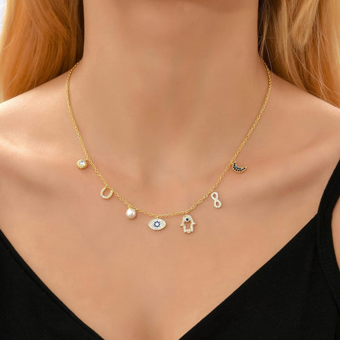 SLOONG Evil Eye Necklace Hamsa Hand Necklace 14K Gold Plated Dainty Necklace White Blue Cz Pendant Necklace for Women...