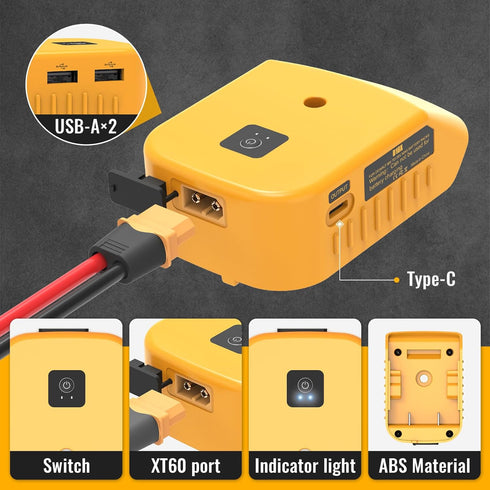 Power Wheels Battery Adapter with USB Ports & XT60 Port, Fit for DeWalt 20V Battery, Power Adapter for Mobile Devices, Electric Vehicles, DIY Proj...