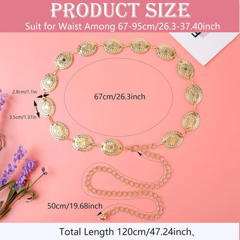 Western Metal Concho Belt, Hollow Out Daisy Chain Belt Adjustable Boho Waist Chain Country Concert Outfit for Dress...