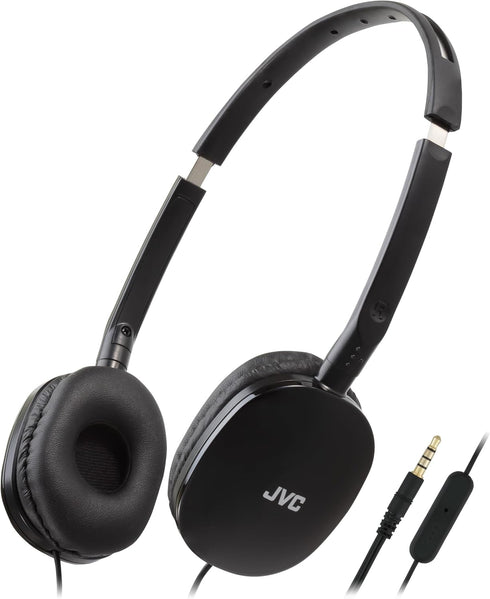 JVC Black Flat Foldable Colorful Flats On Ear Headphones with Remote and Microphone, 3.94 Foot Gold Plated 3.5mm Slim Plug - HAS160MB, Adjustable....