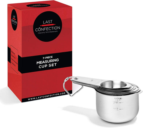 Last Confection 7pc Stainless Steel Measuring Cup Set - Includes 1/8 Cup Coffee Scoop - Measurements for Dry and Liquid Cooking & Baking Ingredien...