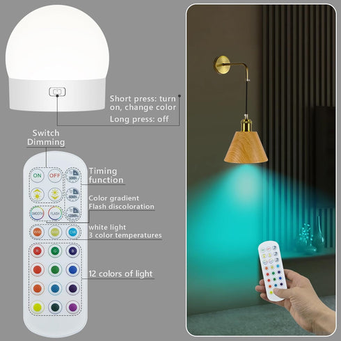 KMU Rechargeable Battery Operated Light Bulb 2 Pack E26 Battery Powered Light Bulb with 2 Remote Control, WRGB 15 Colors LED Light Bulb for Non Ha...