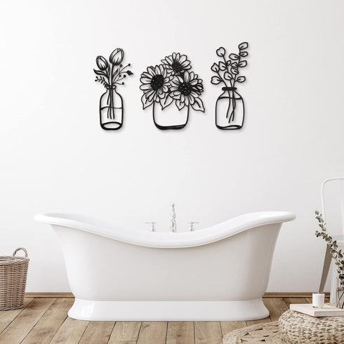 3 Pieces Metal Flower Wall Decor Minimalist Vase Wall Art Black Tulip Wire Iron Decor Floral Wall Sculpture for Kitchen Bathroom Living Room (Deli...