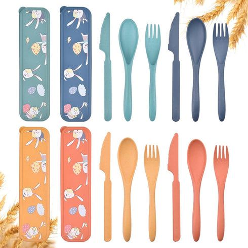 4 Sets Travel Utensils with Case - Cute Rabbit Pattern, Wheat Straw Reusable Utensils Set with Case Portable Utensils Set with Case for Travel Pic...