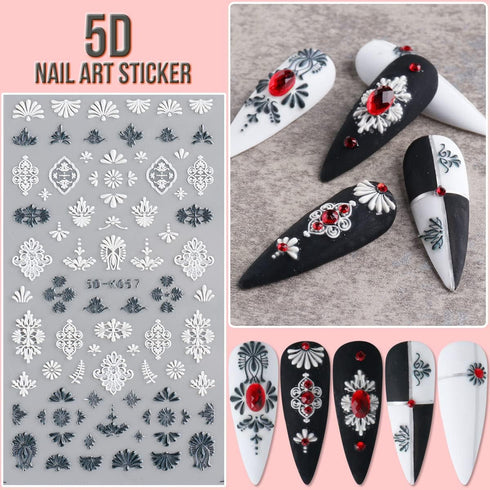 KINGMAS 5D Flower Nail Art Sticker Decals Hollow Exquisite Pattern Nail Art Supplies Self-Adhesive Luxurious DIY Nail Art Decoration White Lace Fl...
