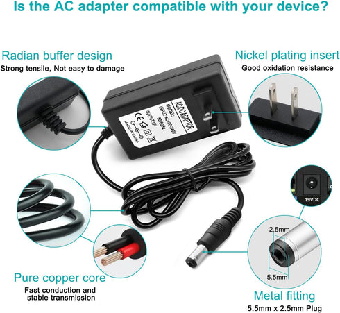 19V AC DC Charger Power Cord Compatible for Eufy RoboVac 11S 12 15C 25C 30C 35C, Pure Clean PUCRC 15 25 26B 90, Coredy Robotic R580 R650 R750 G800...