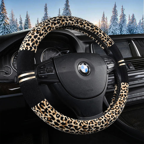 Plush Cheetah Car Steering Wheel Cover Luxurious Leopard Print Universal Fit for Car SUV Warm Soft Anti-Slip (Black Yellow)...