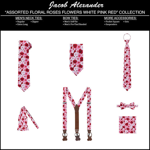 Jacob Alexander Men's Assorted Floral Roses Flowers Design Pre-Tied Zipper Neck Tie - White Pink Red...