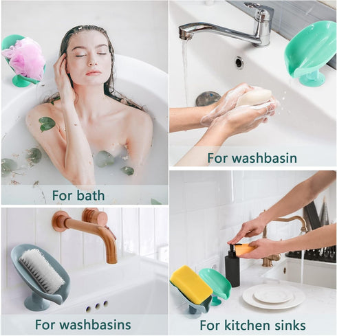 Leaf Shape Soap Saver - Self Draining Soap Dish, Extends Bar Soap Life, Keeps Soap Dry - Green & Gray, 2 Pcs...