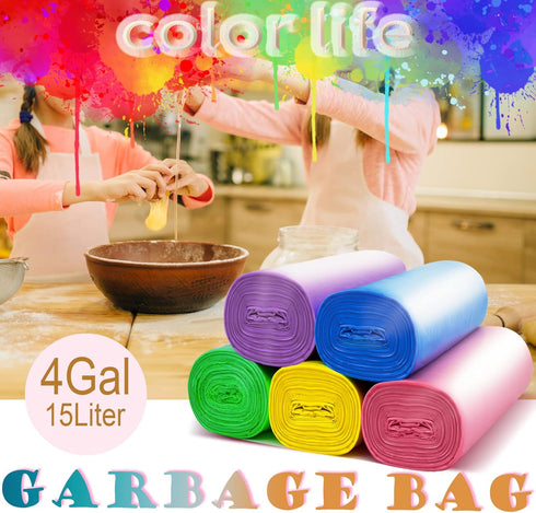 Small Trash Bag, 4 Gallon / 15 Liter Colorful Garbage Bags, 150 Count...