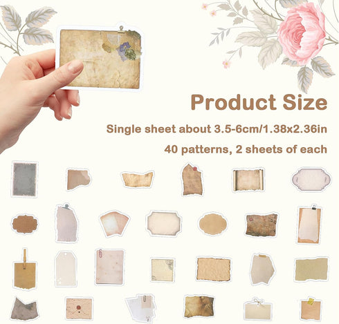 80 Pcs Vintage Scrapbook Paper Stickers, Retro Label Stickers for scrapbooking, Aged Writing Paper Stickers Aesthetic Junk Journal Supplies Aesthe...