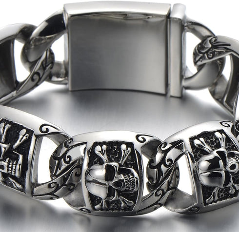 COOLSTEELANDBEYOND Heavy and Study Mens Stainless Steel Biker Skull Bracelet Silver Black Two-tone Polished...