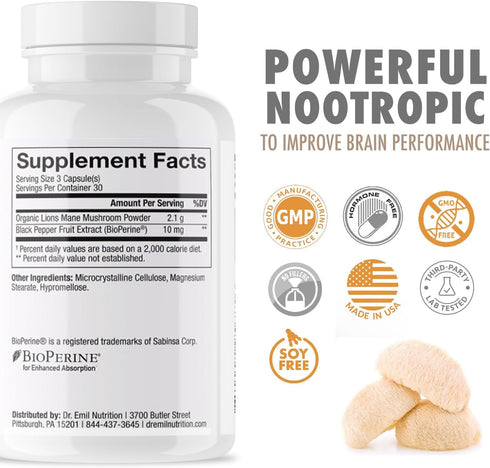 DR. EMIL NUTRITION 2100mg Organic Lions Mane Supplement Capsules - Focus, Mental Clarity & Cognition - Nootropic Lion's Mane Mushroom Supplement w...