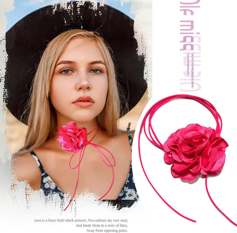Pink Flower Choker for Women, Flower Necklace Big Camellia Lace Collar Necklace Wedding Party Jewerly Hair Rope Style 1...